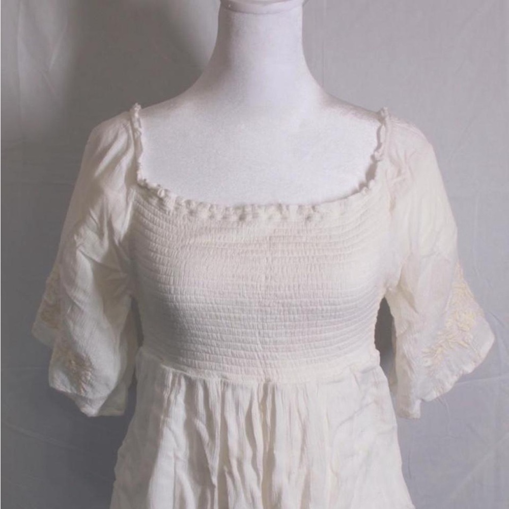 Cream Smocked Square Neck Peasant Top
